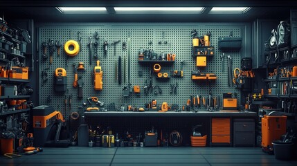 Organized workshop with tools and equipment on pegboard wall.