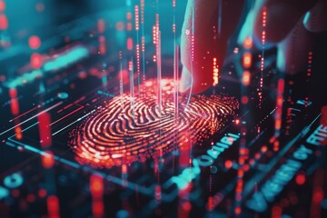 Digital fingerprint recognition technology showcasing a hand touching a holographic fingerprint on a futuristic interface