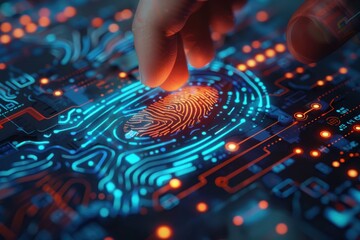 Digital fingerprint recognition technology showcasing a hand touching a holographic fingerprint on a futuristic interface