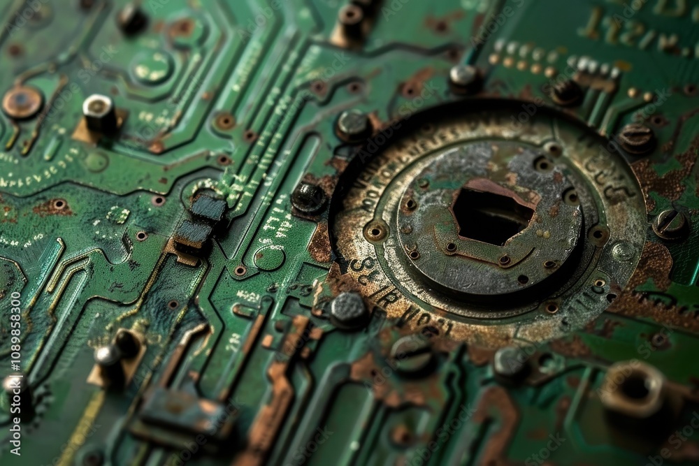 Aufkleber Close examination of an aged circuit board highlighting rusty components and intricate patterns in electronic technology
