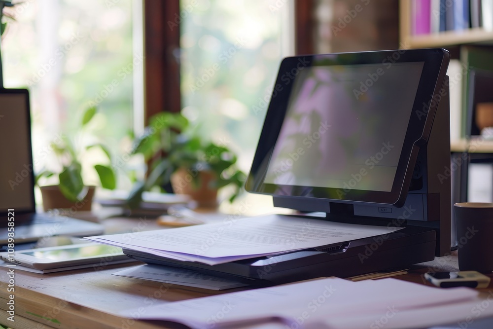 Leinwandbilder Office workspace with a multifunction printer and documents on a desk surrounded by greenery in late afternoon light