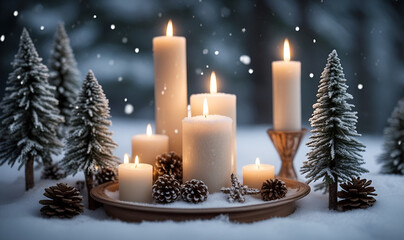 Marble table decorated with winter accessories and candles.