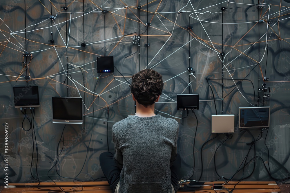 Leinwandbilder person analyzing data on multiple computer screens in a dark room filled with technology at night