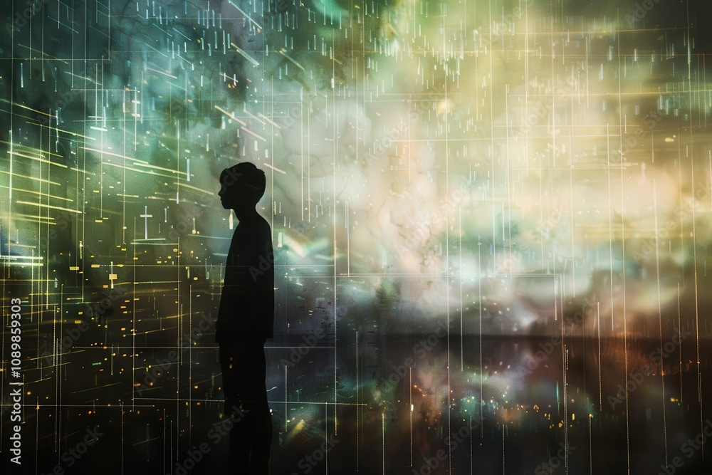 Aufkleber person stands in front of colorful digital screen creating a vibrant contrast with their silhouette 