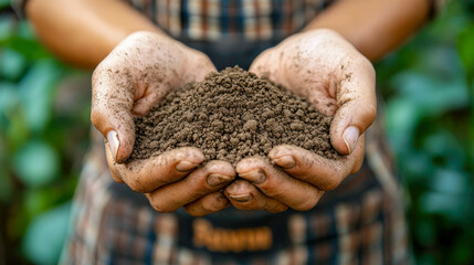 Close-up of hands holding a handful of rich, fertile dirt, symbolizing agriculture and connection to nature