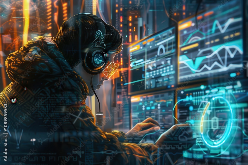 Aufkleber Tech enthusiast engaged in coding at a computer surrounded by vibrant digital enhancements during late hours