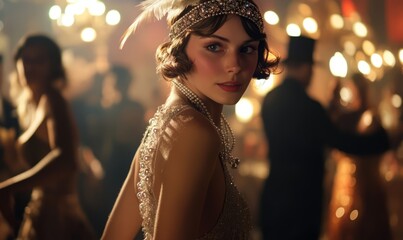 1920s flapper girl with a beaded dress, feather headband, and pearls, dancing at a speakeasy, costume, vintage fashion concept