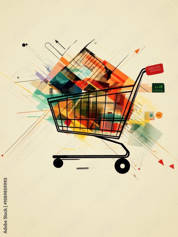 Aufkleber An artistic interpretation of a shopping cart created with geometric shapes and dynamic lines in vivid colors showcases creativity and modern design. Generative AI