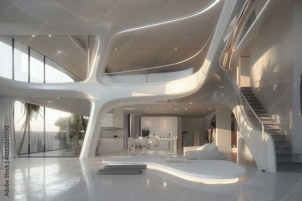 Poster modern architecture showcases fluid design elements in a spacious interior with natural light in the