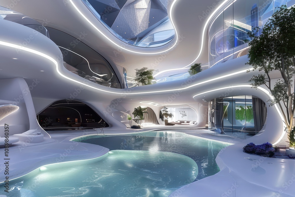 Poster modern architecture showcases fluid design elements in a spacious interior with natural light in the