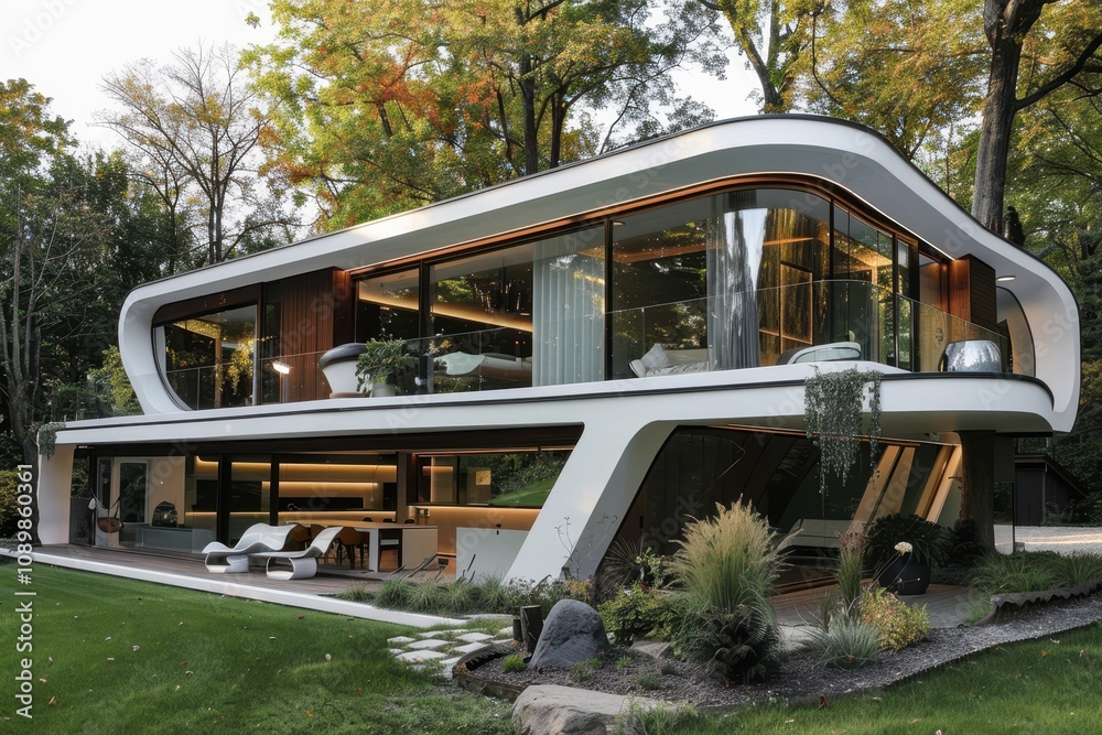 Poster Modern architecture showcases fluid design elements in a spacious interior with natural light in the late afternoon