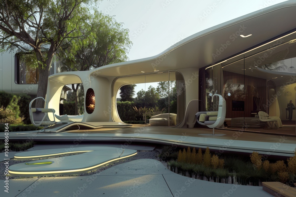 Poster Modern architecture showcases fluid design elements in a spacious interior with natural light in the late afternoon
