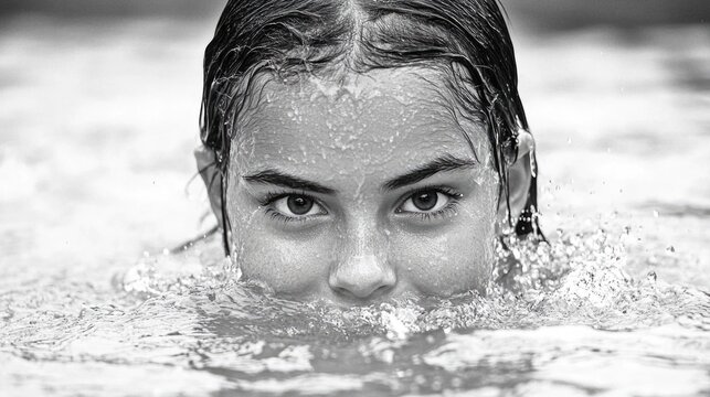 Young caucasian female swimmer emerging from water in black and white close-up