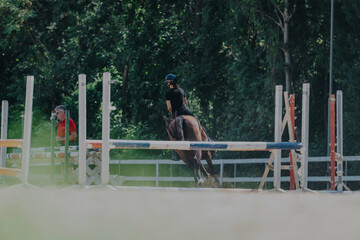 A rider practices jumping with their horse outdoors, demonstrating skill and focus. The lush green backdrop adds to the serenity and intensity of equestrian sports.