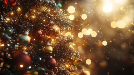 Close-up of decorated tree with ornaments, lights, and bokeh effect. Holiday celebration and winter decoration concept.
