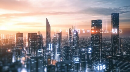 Obraz premium Futuristic cityscape with skyscrapers and digital data overlay at sunset