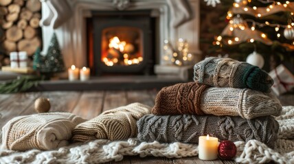 Cozy winter atmosphere with knitted sweaters and festive fireplace decor for holiday warmth