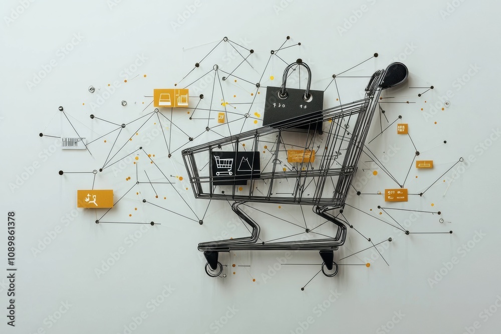 Poster an abstract shopping cart composed of geometric shapes and flowing lines, integrated with digital ic