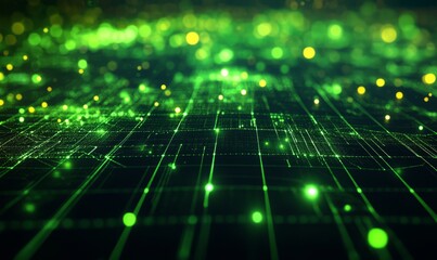 Obraz premium A dark grid abstract background with glowing neon green tech elements, minimalist design, and a futuristic vibe