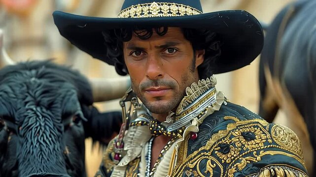 In an exhilarating display of tradition, a skilled Spanish bullfighter dons elaborate national dress while standing confidently next to a majestic black bull in a vibrant arena setting.