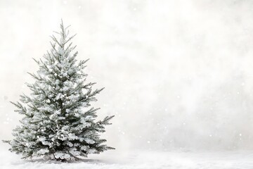 Fototapeta premium Simple green pine tree with snow on a white, frosty background