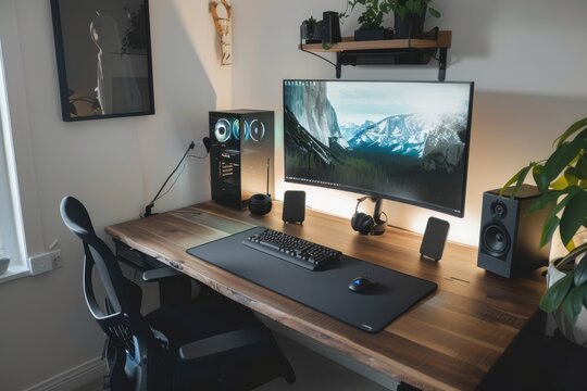 Home office setup features dual monitors on a wooden desk with a gaming chair and a sleek computer tower in a bright modern room