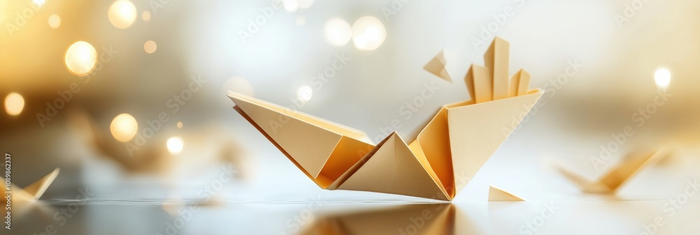 Fototapete a delicate paper boat rests on a shiny surface, illuminated by gentle bokeh lighting that enhances t