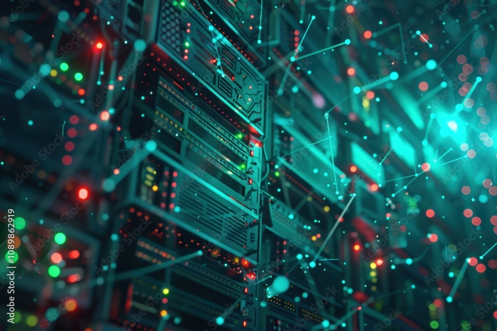 Aufkleber Exploring data flow and network connectivity in a futuristic digital environment with glowing lines and servers illuminated by technology