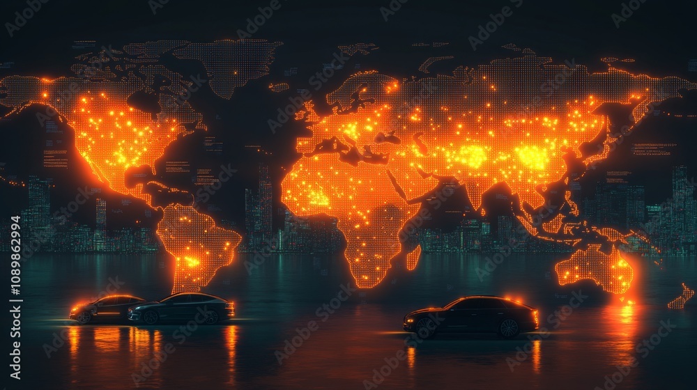 Poster a digital world map in an orange glow is displayed against a dark background with silhouetted buildi