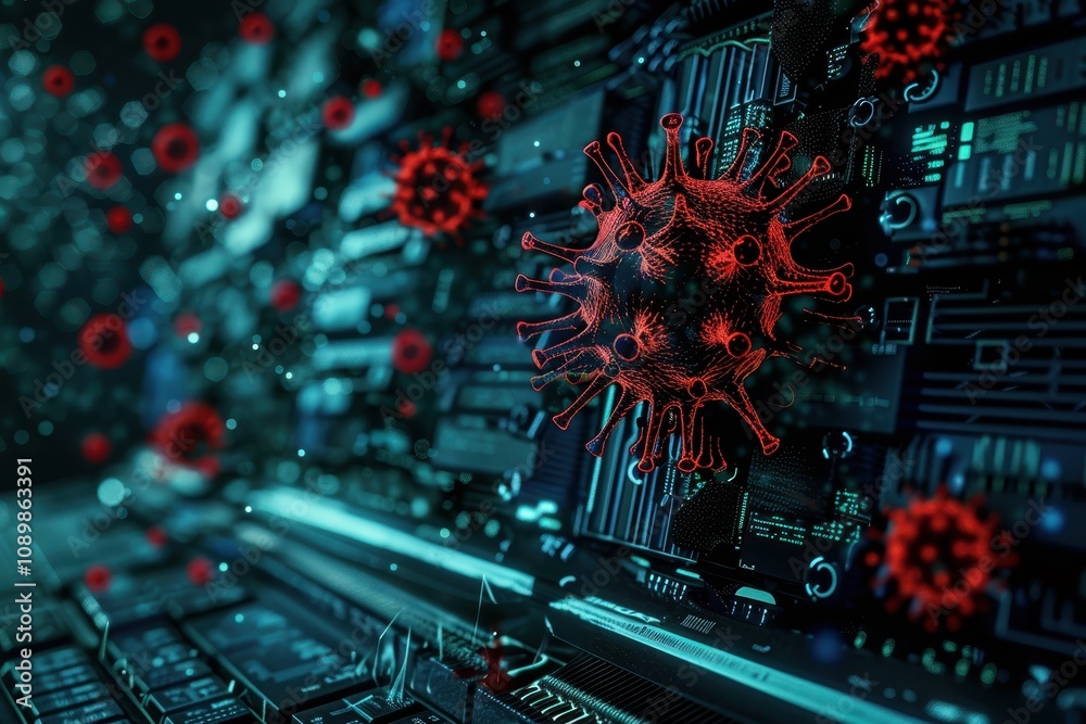 Poster virus representation on a digital circuit board showcasing the intersection of technology and biolog