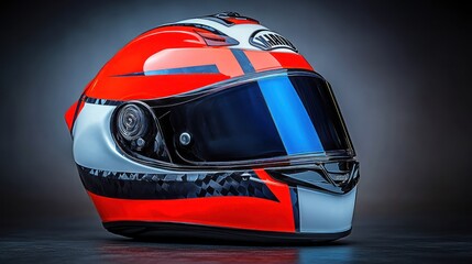 Fototapeta premium Red, white, and black motorcycle helmet with blue visor.