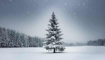 Fototapeta premium モミの木が雪をかぶり、白い雪に覆われた雪原に静かに佇んでいる。灰色の空から降り積もる雪が冬の静けさを引き立てます。