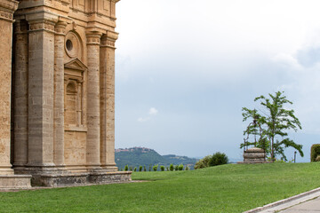 The Temple of San Biagio, imposing travertine church, in the middle of the Tuscan countryside, is one of the best examples of Renaissance art, Montepulciano, Siena Italy
