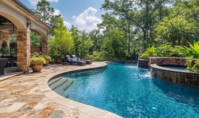 Luxurious backyard swimming pool with clear turquoise water and a stone patio, surrounded by lush plants