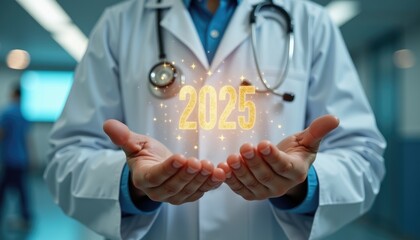 Glowing in gold 2025 above doctors hands.Healthcare and medicine concept.