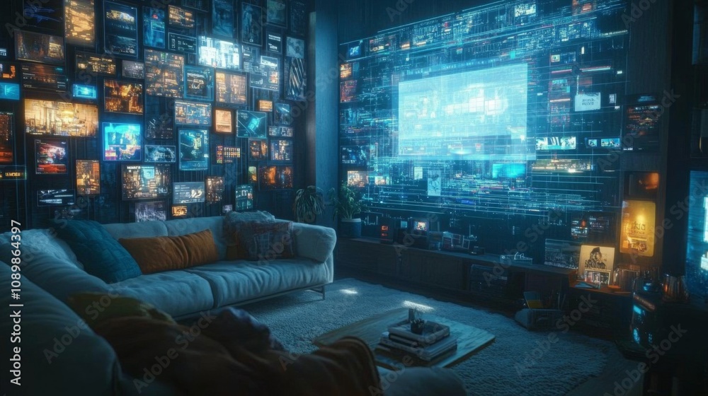 Aufkleber a stylish living room features a comfortable couch and a large screen projecting dynamic visuals.