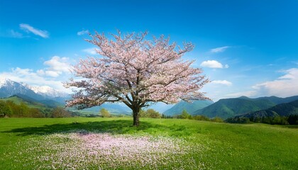 Naklejka premium 青空に浮かぶ雲と遠くの山々が春らしい自然の景色を彩り、桜の花びらが舞う情景を描きます。
