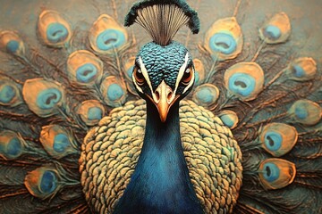 Fototapeta premium Majestic Peacock Displaying Its Vibrant Feather Plumage in Full Splendor
