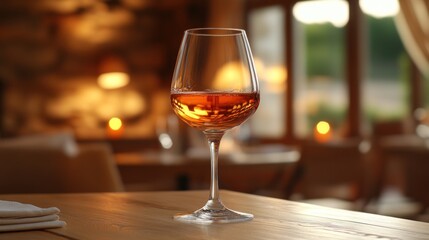 Naklejka premium Rose wine glass on restaurant table.