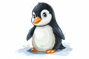 Obraz premium Cartoon baby penguin on snowy ground under snow, isolate on white background.