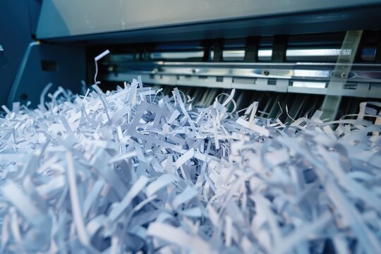 Shredded paper fills the compartment of a shredder in an office, showcasing the aftermath of document disposal and the importance of data security in the workplace