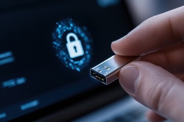 A hand is seen holding a USB device near a laptop displaying a secure connection symbol, representing data protection and cybersecurity in the digital age.