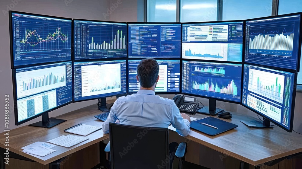 Poster Man Analyzing Financial Data On Multiple Monitors