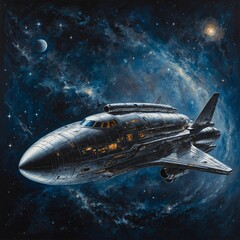 Obraz premium In a mesmerizingly ethereal depiction, an augmented silvery astral aircraft gleams with otherworldly brilliance. This stunning gouache painting captures the sleek metallic curves of the spacecraft aga