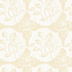 Modern white on cream lace effect wedding background texture. Soft tonal linen openwork block print with subtle hand drawn lattice damask printed fabric backdrop. 