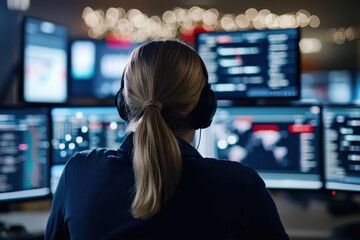 The image shows a woman with headphones, deeply focused, as she analyzes data across several screens, indicating the complexity of modern data processing tasks.