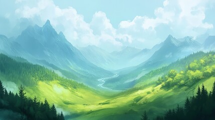 Serene Mountain Valley Landscape with a Winding River