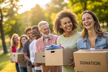 Group of diverse people smiling with donation boxes, sunny park setting, cheerful charity scene