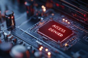 A close-up view of a microchip displaying 'Access Denied' indicates the concept of cybersecurity and system protection within a technological framework.