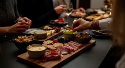 Friends enjoying a cozy evening with wine and charcuterie board